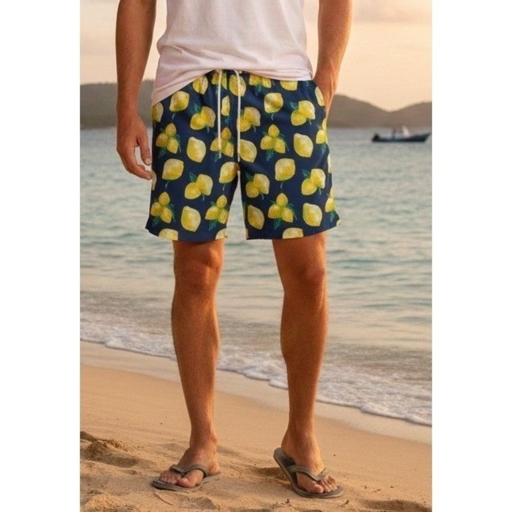 Rainforest Swim‎ Trunks Men's XL Navy Lemon Print Beach Resort Drawstring Summer
